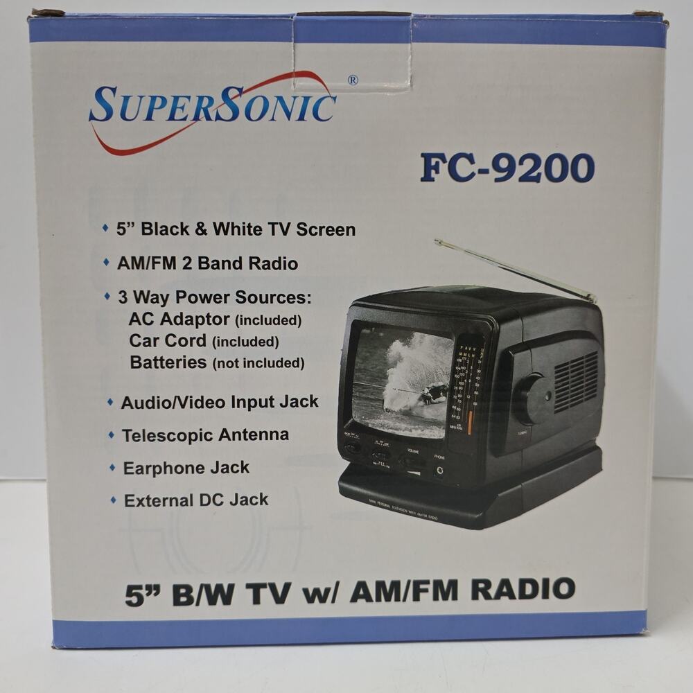 SuperSonic FC-9200 5 Portable B&W Mini TV AM/FM Radio W/ AC Adapter Black New